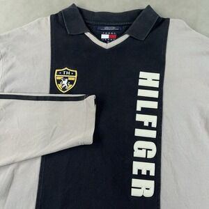 Vintage 90s Tommy Hilfiger Polo Rugby Shirt Spell Out Mens 2XL Black Beige Rare
